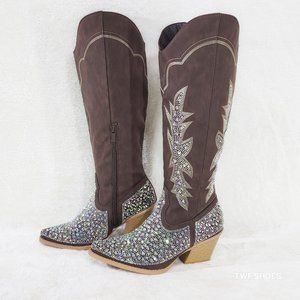 28. Crystal Dark Brown Multi Rhinestones Country Glam Western Cowgirl Knee Boots
